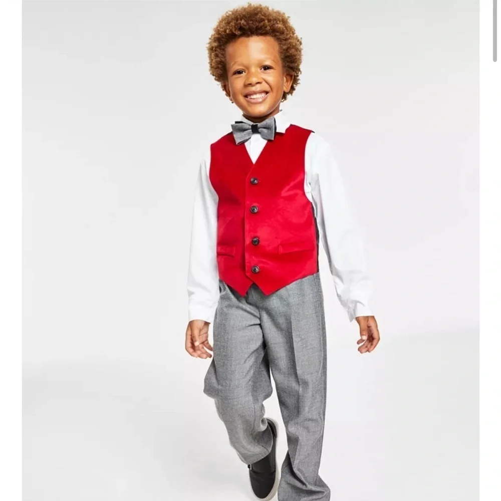 Nautica Shirt,Vest,Pants and Bow-Tie Set Little Boys 7 White/Dark Red/Gray 6